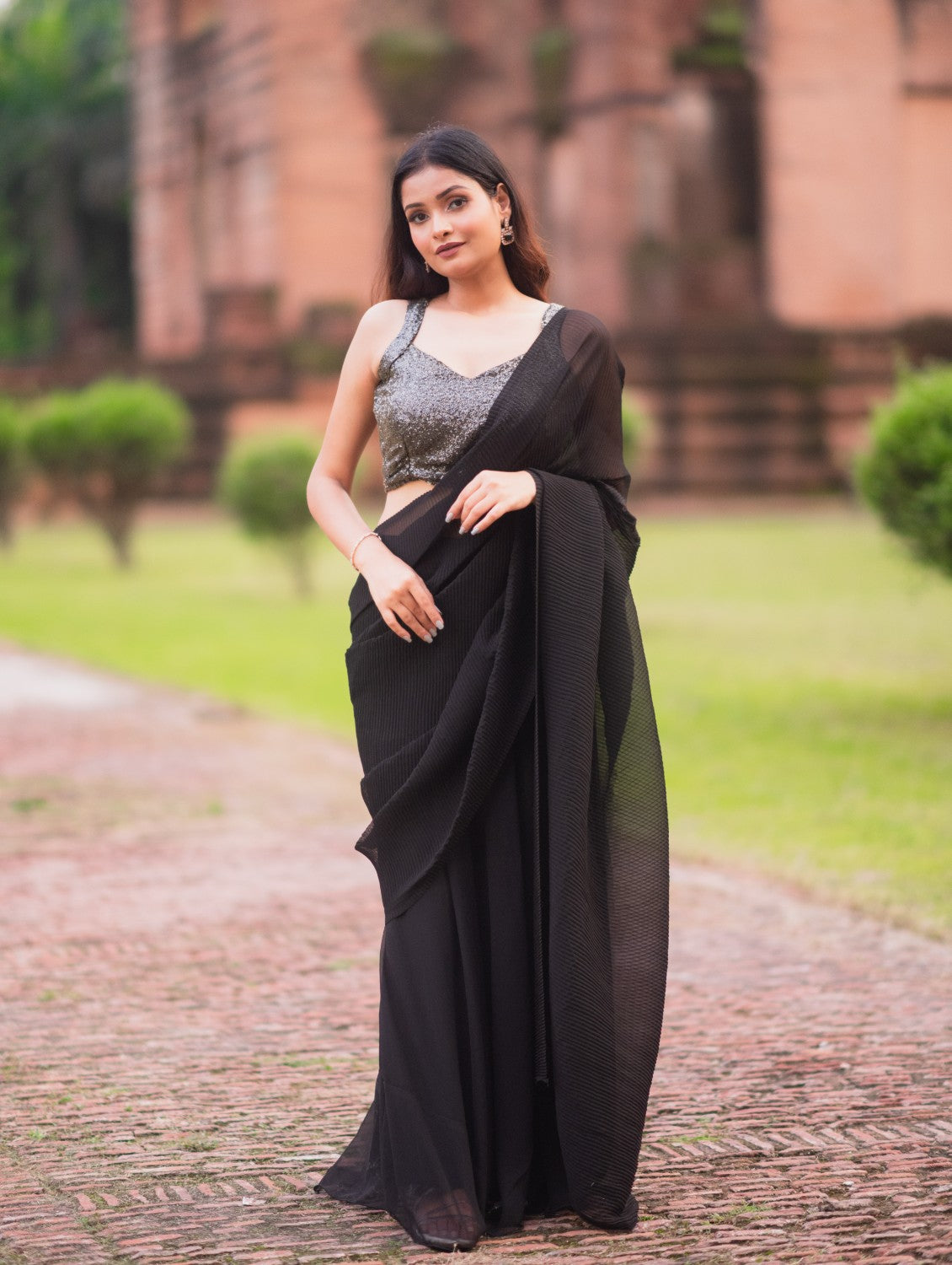 Black Crushed Ready to Wear Saree Lehenga by Dorie