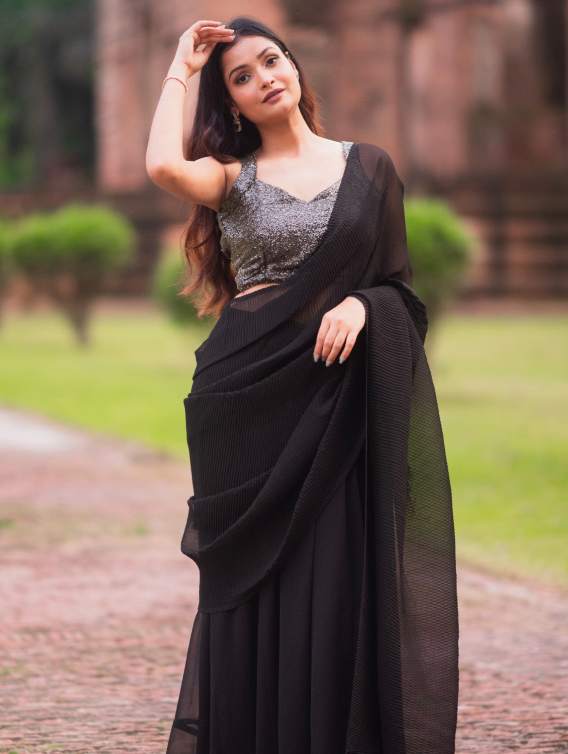 Black Crushed Ready to Wear Saree Lehenga by Dorie