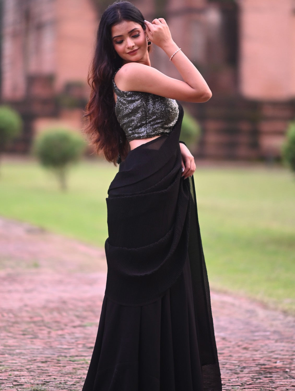Black Crushed Ready to Wear Saree Lehenga by Dorie