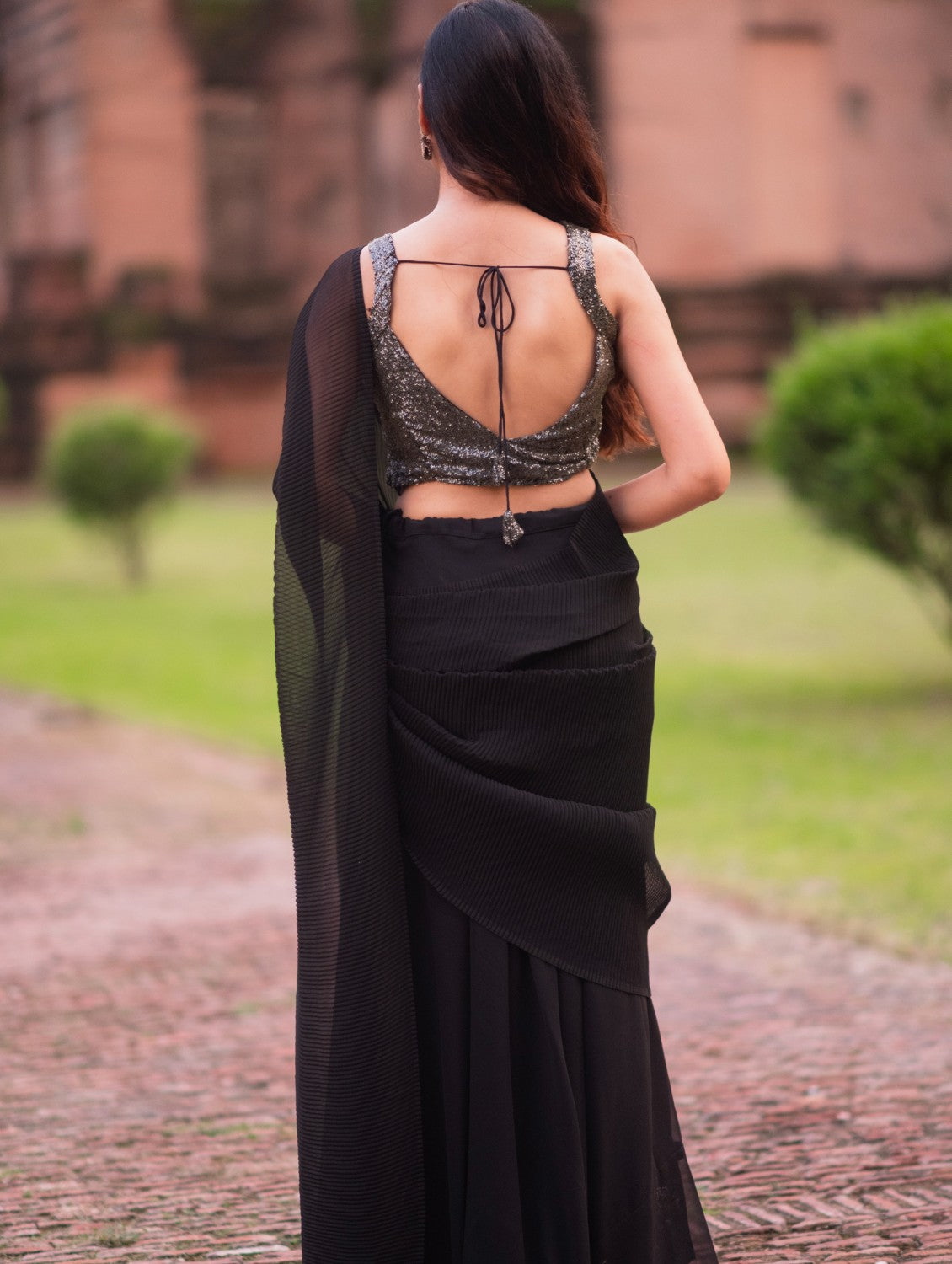 Black Crushed Ready to Wear Saree Lehenga by Dorie