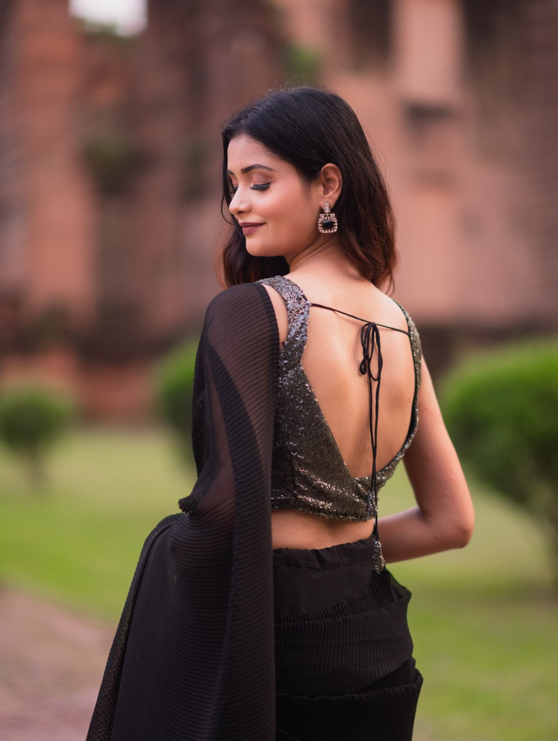 Black Crushed Ready to Wear Saree Lehenga by Dorie