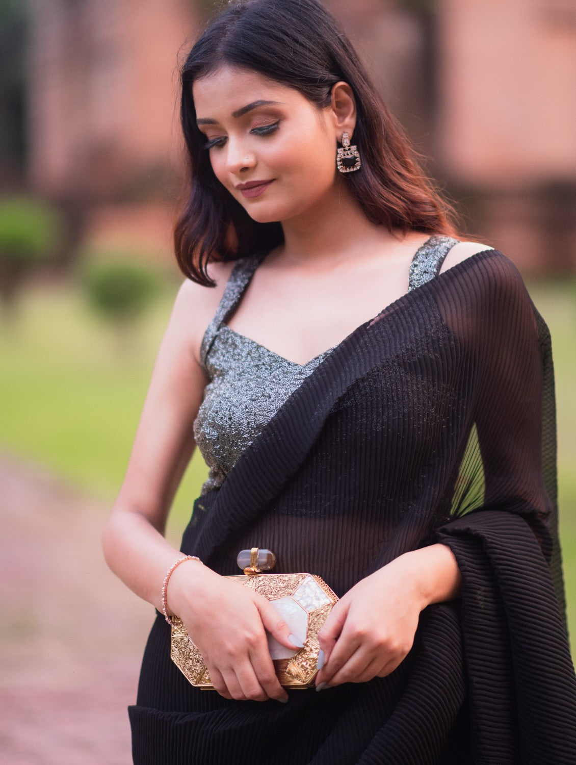 Black Crushed Ready to Wear Saree Lehenga by Dorie
