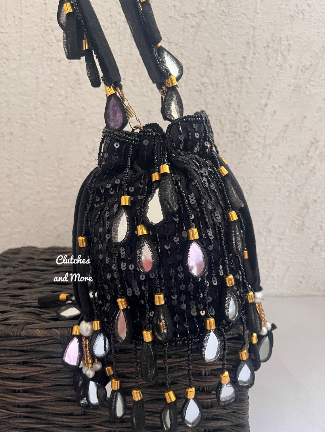 Mirror Tassel Potli Black