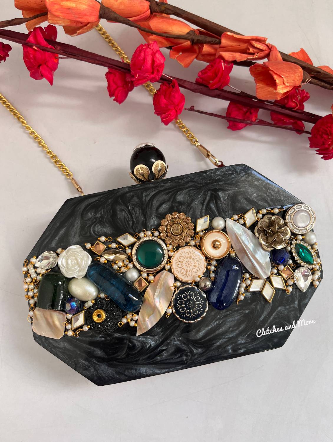 Sajda Embellished Resin Clutch Black