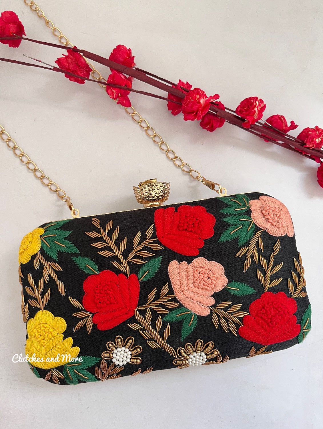 Multicolored Roses Black Clutch