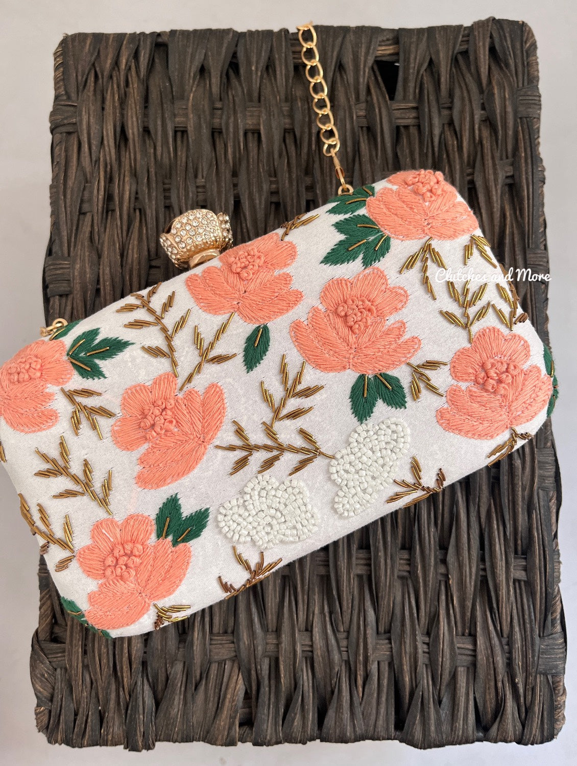 Peach Roses White Clutch