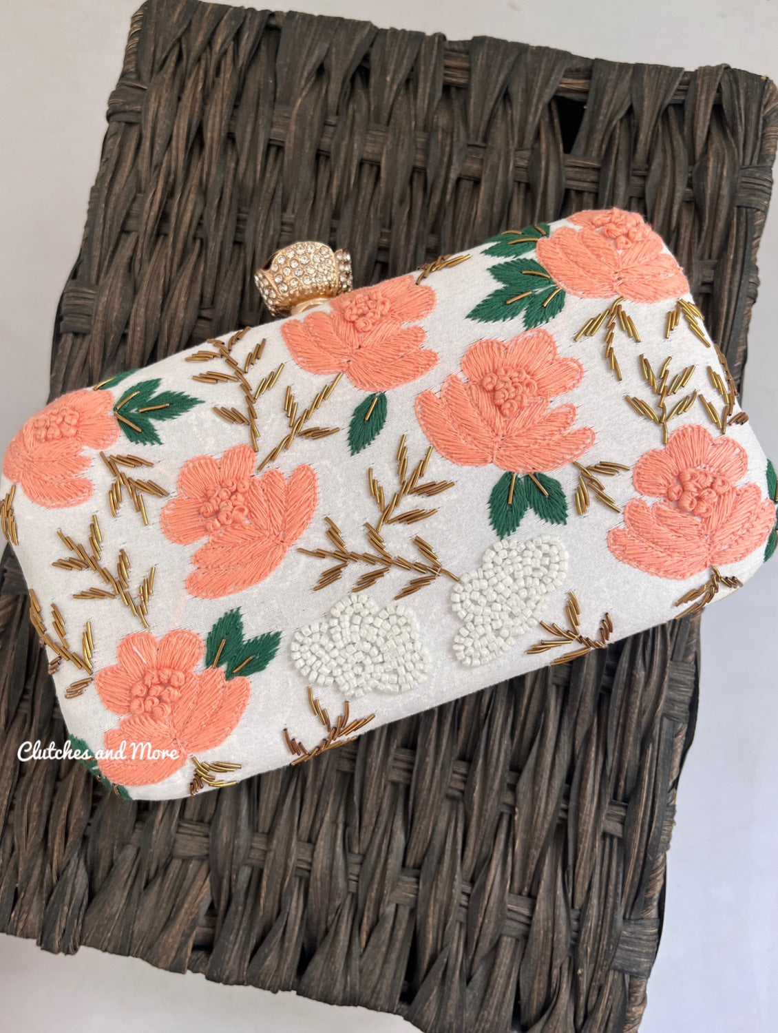 Peach Roses White Clutch