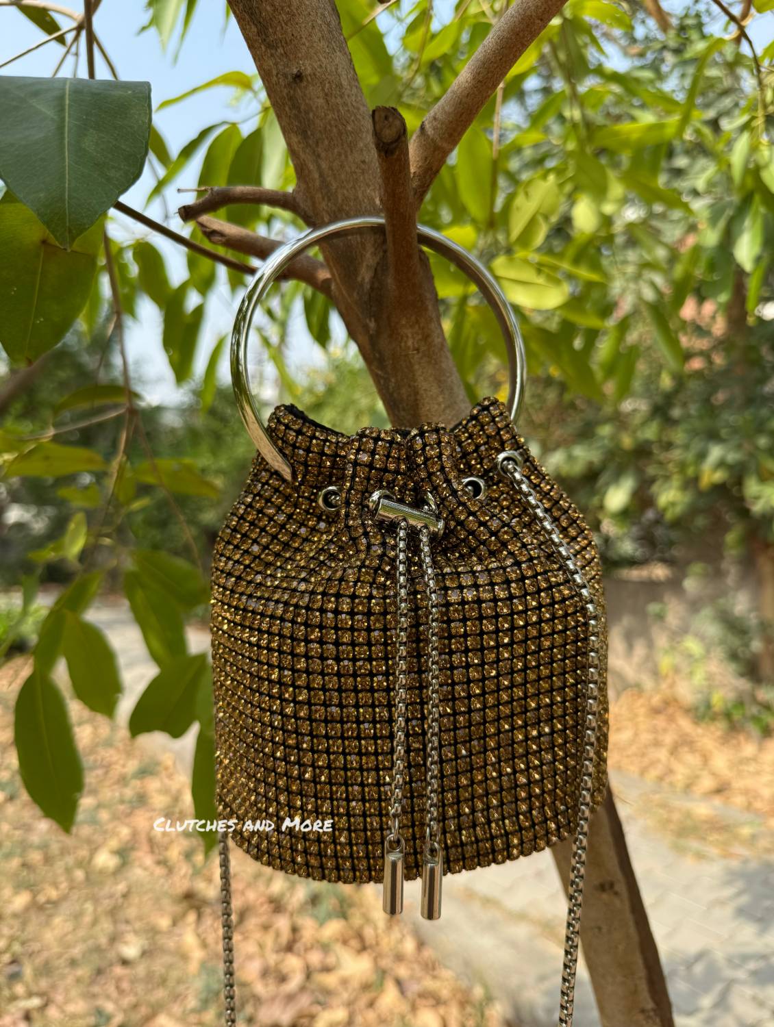Hazel Rhinestone Bucket Bag Dark Gold