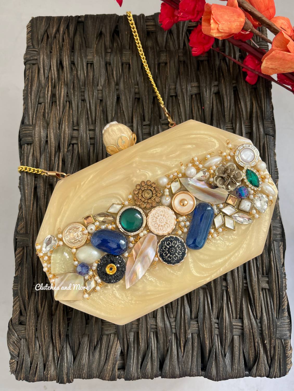 Sajda Embellished Resin Clutch Gold