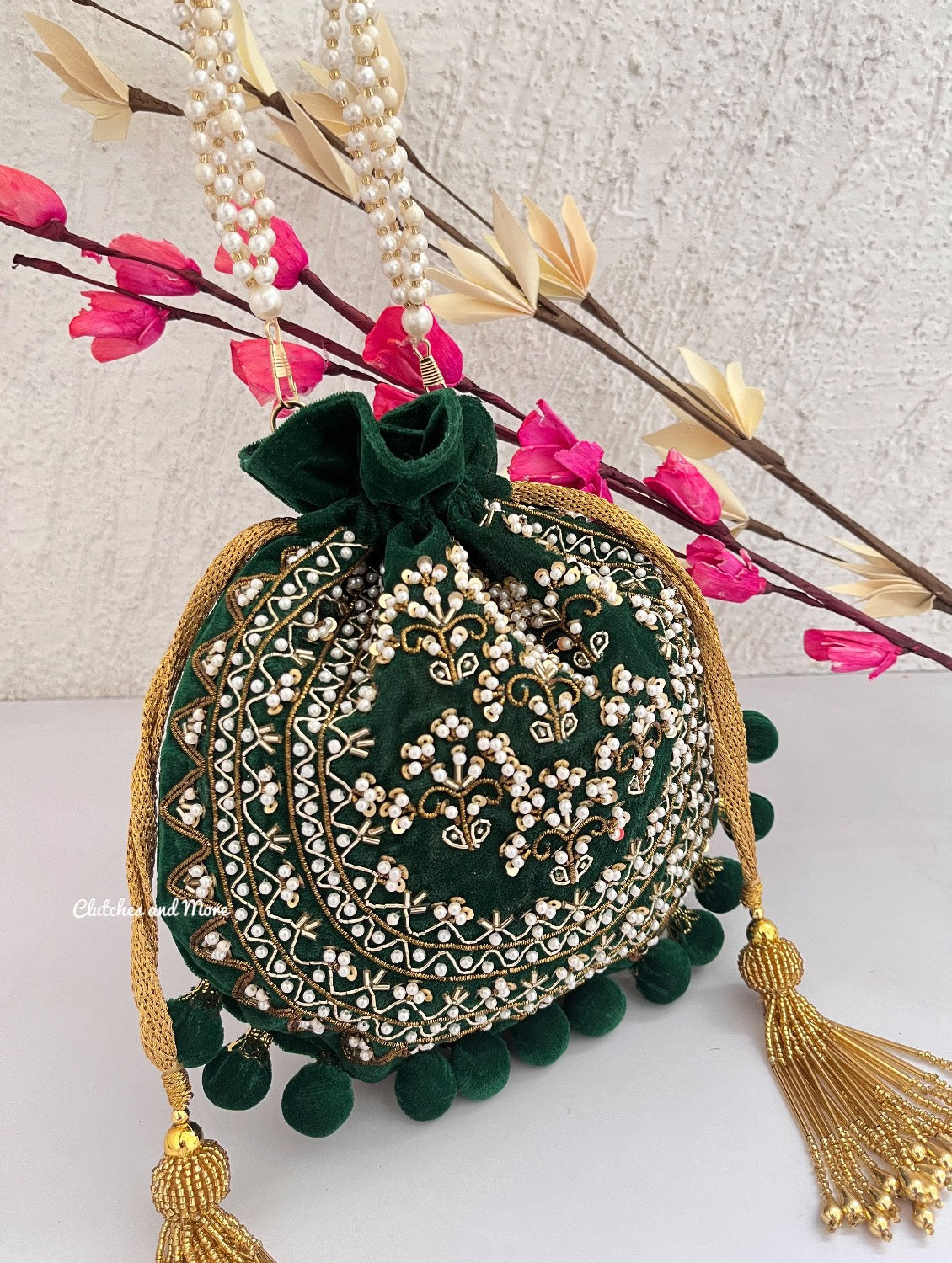 Green Ball Tassles Potli