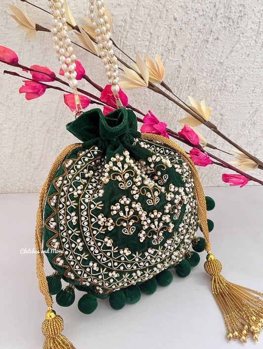Green Ball Tassles Potli