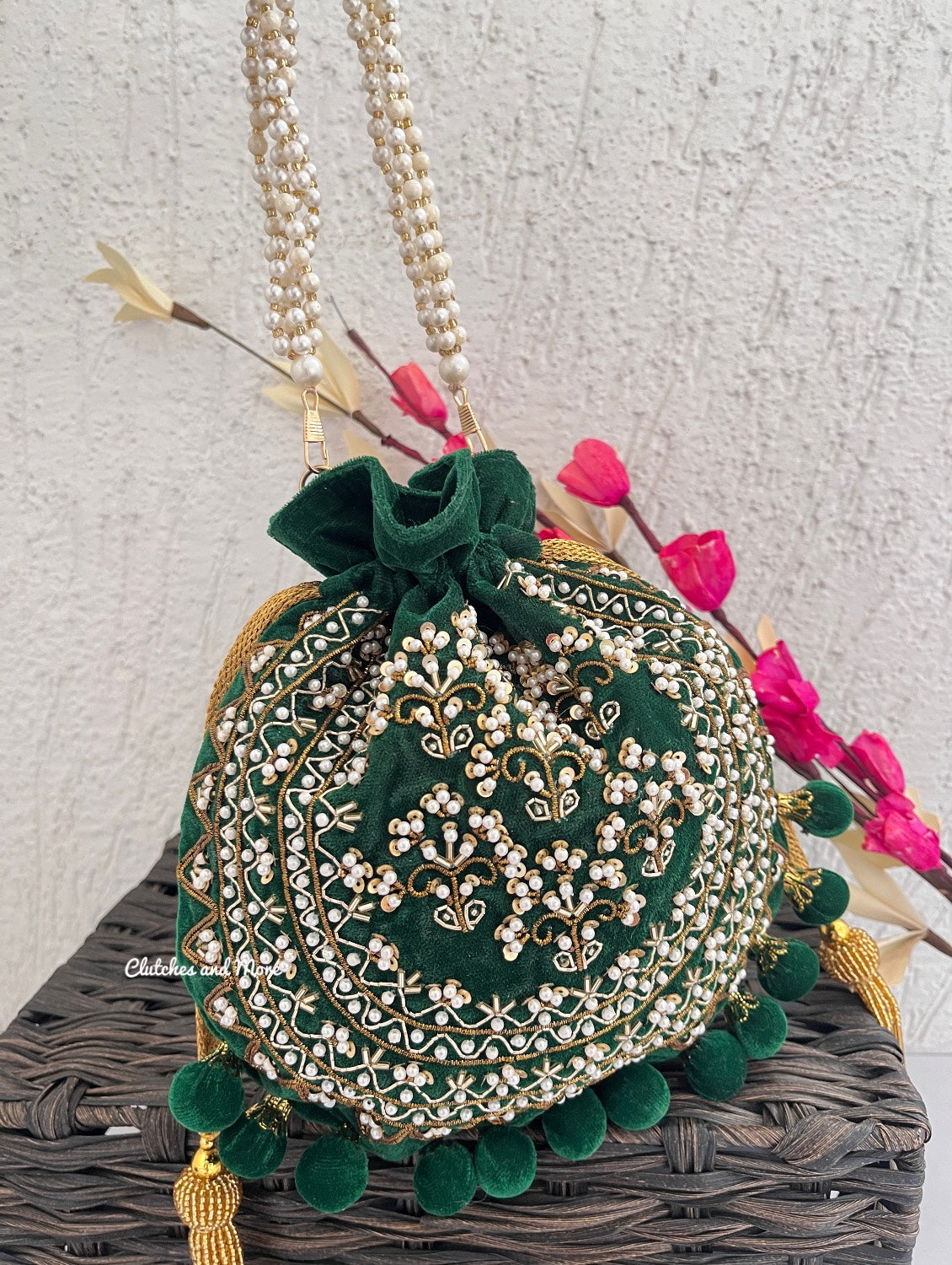 Green Ball Tassles Potli