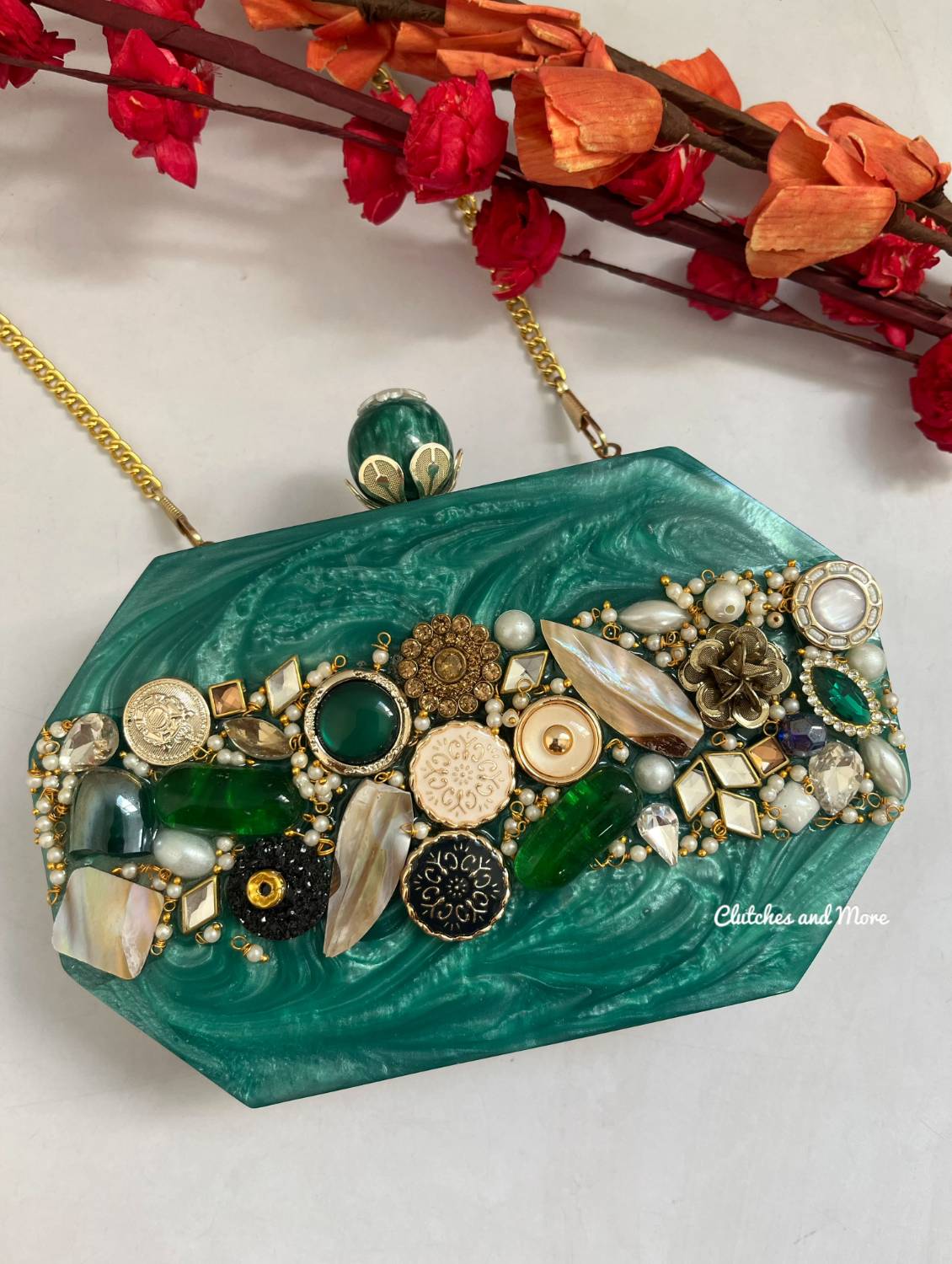 Sajda Embellished Resin Clutch Green
