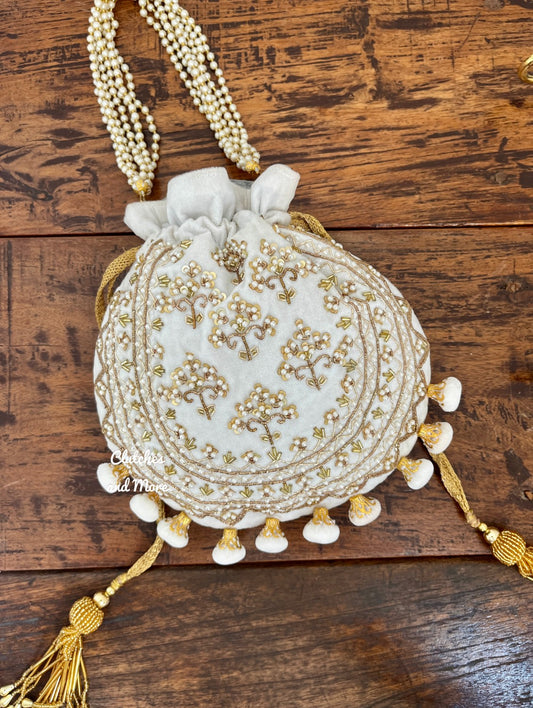 White Ball Tassles Potli