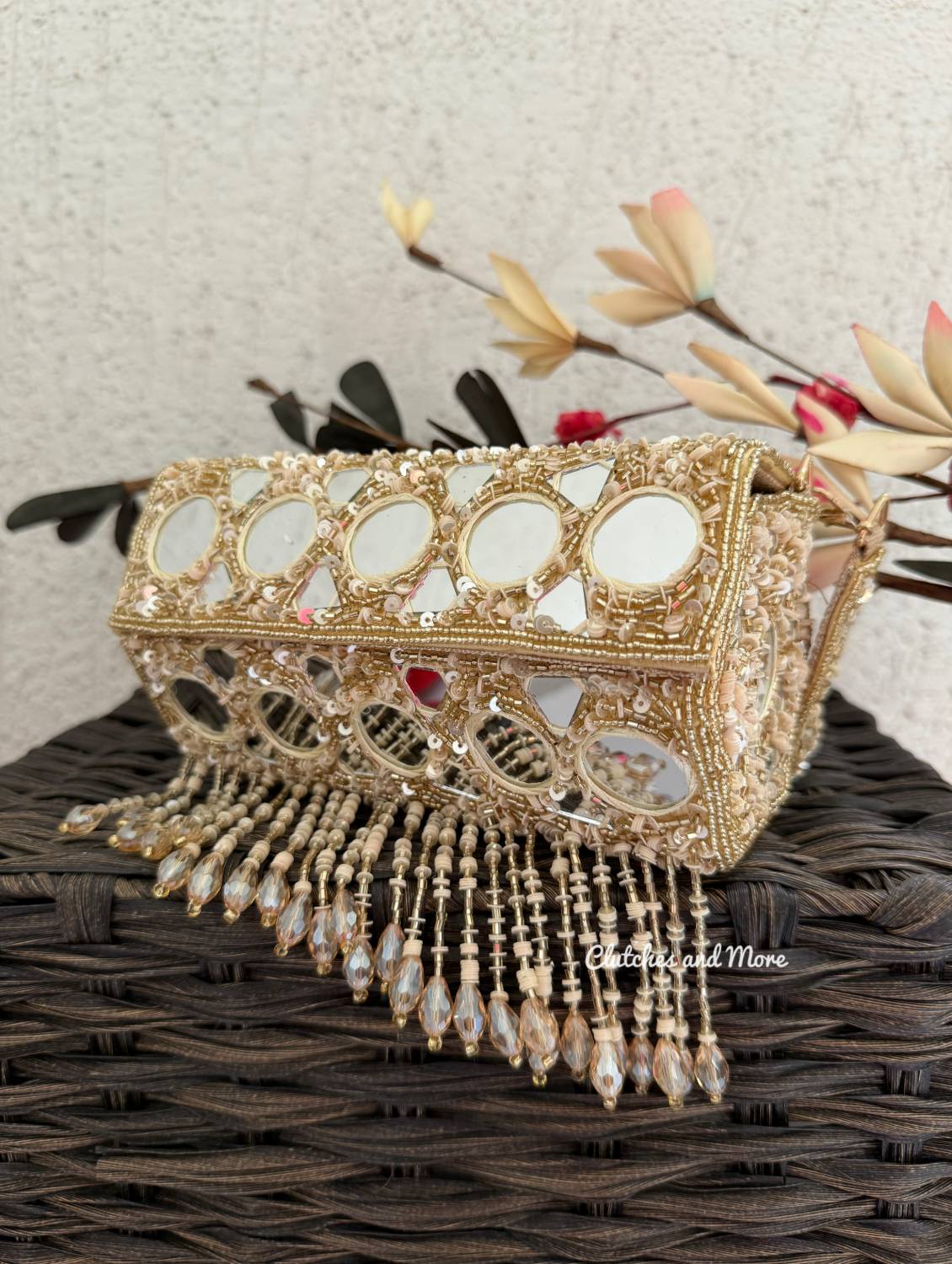 Cylindrical Mirror Bag with Tassles Gold