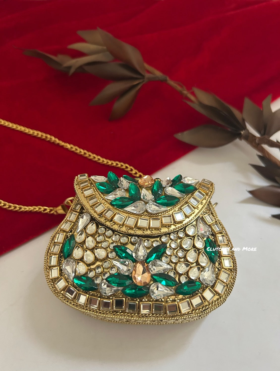 Kasika Kundan Brass Mini Clutch Green