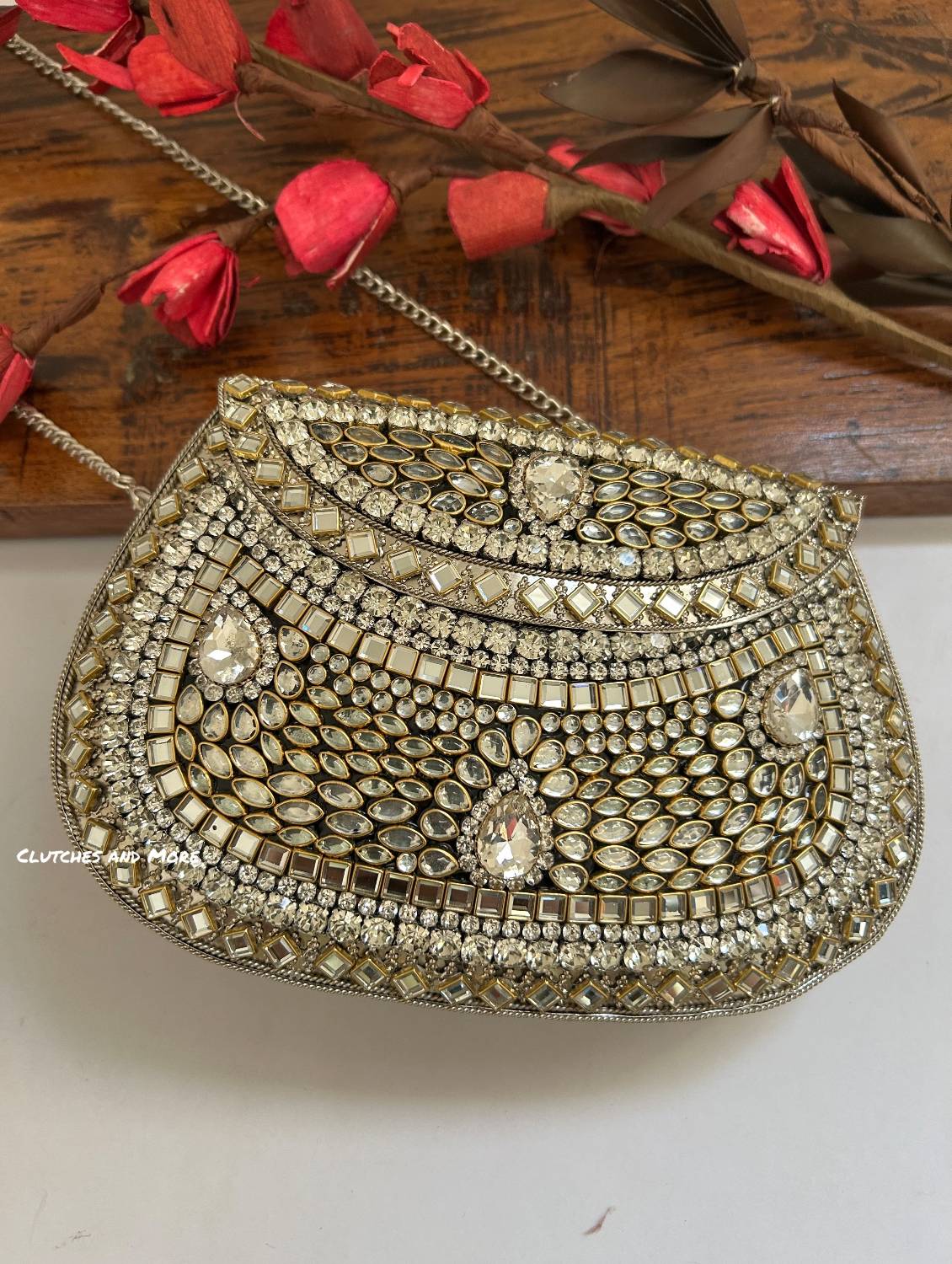 Kashish Kundan Brass Clutch White Silver