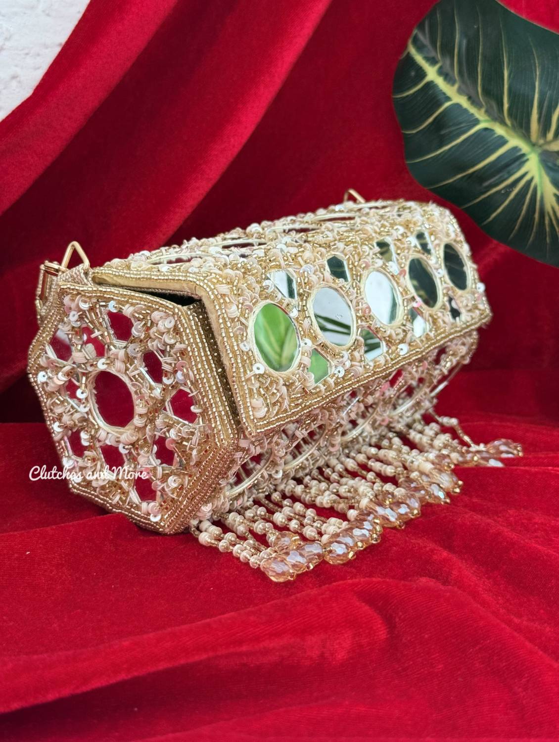 Cylindrical Mirror Bag with Tassles Gold