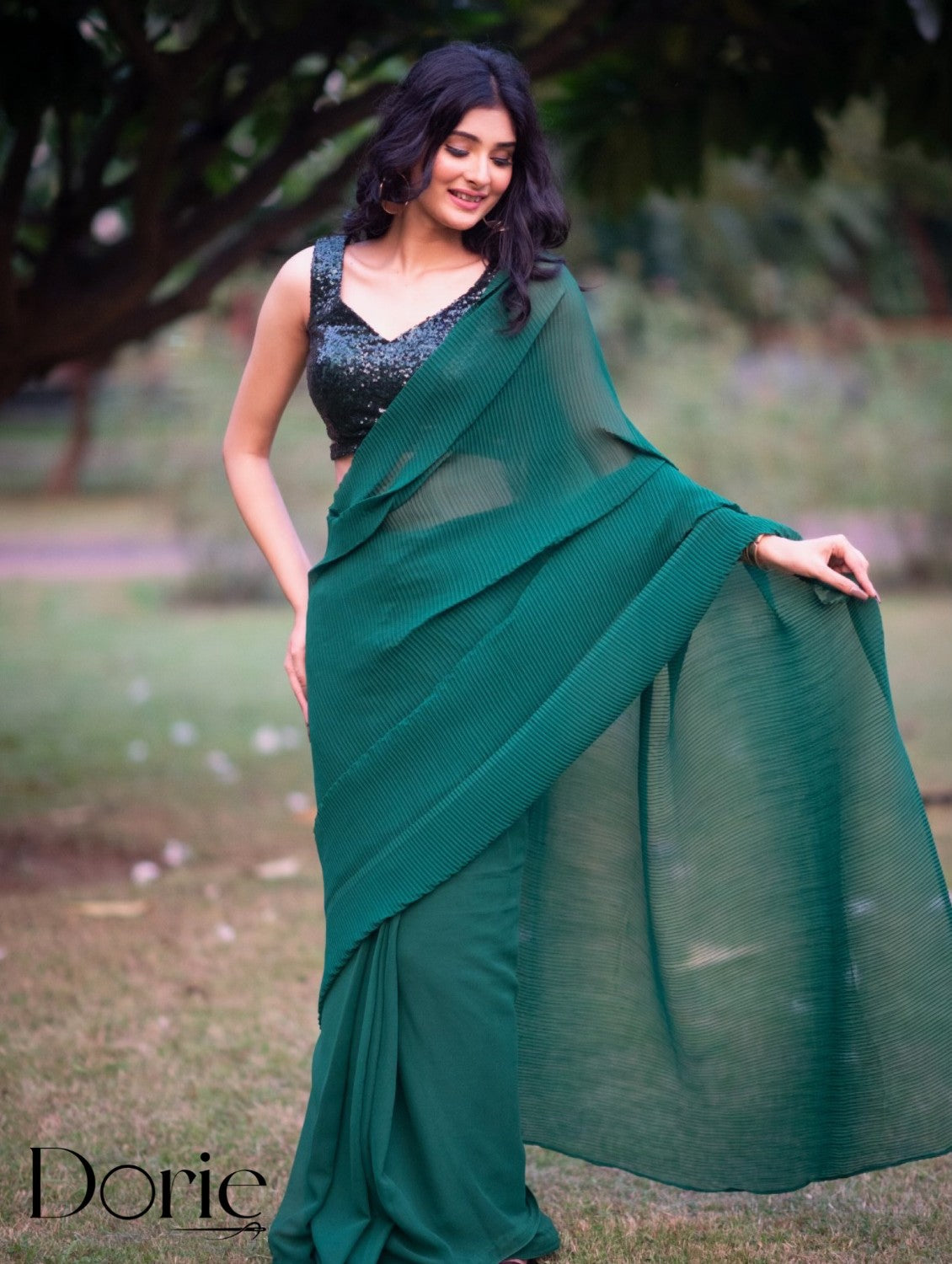 Bottle Green Crushed Ready to Wear Saree by Dorie