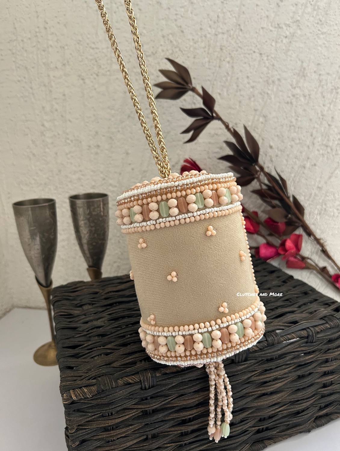 Cylindrical Beaded Bag Nude
