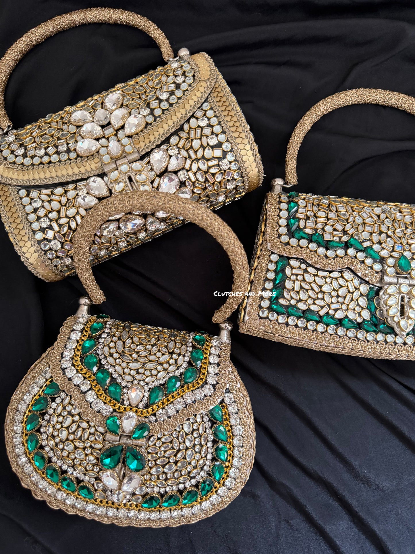 Mehnaaz Kundan Brass Clutch Green Gold White
