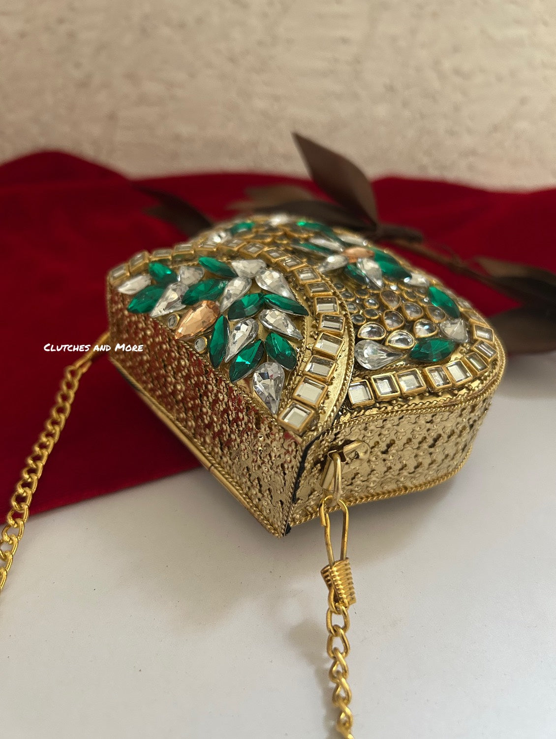 Kasika Kundan Brass Mini Clutch Green