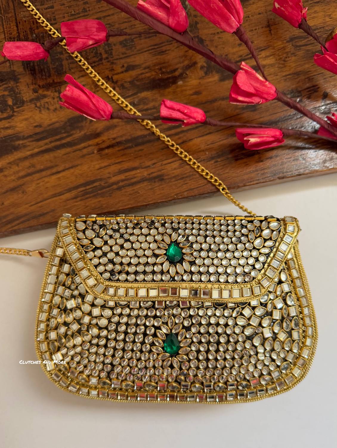 Kasika Kundan Brass Clutch Green Gold
