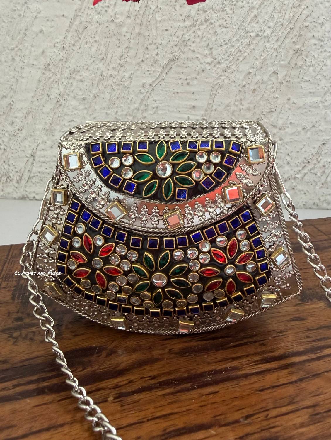 Kasika Kundan Brass Clutch Mini Silver Multicolored