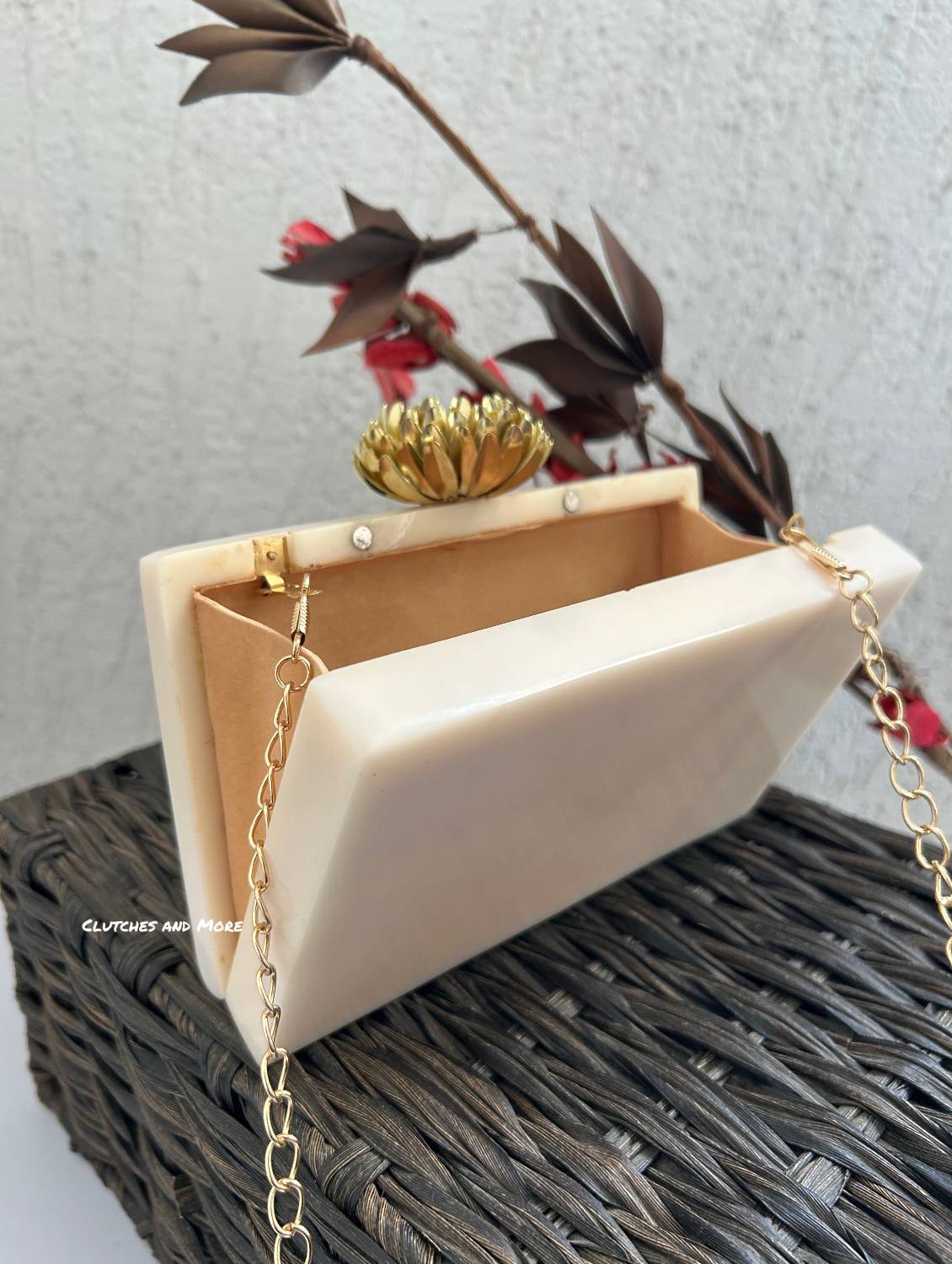 Premium Embellished Resin Clutch Off White
