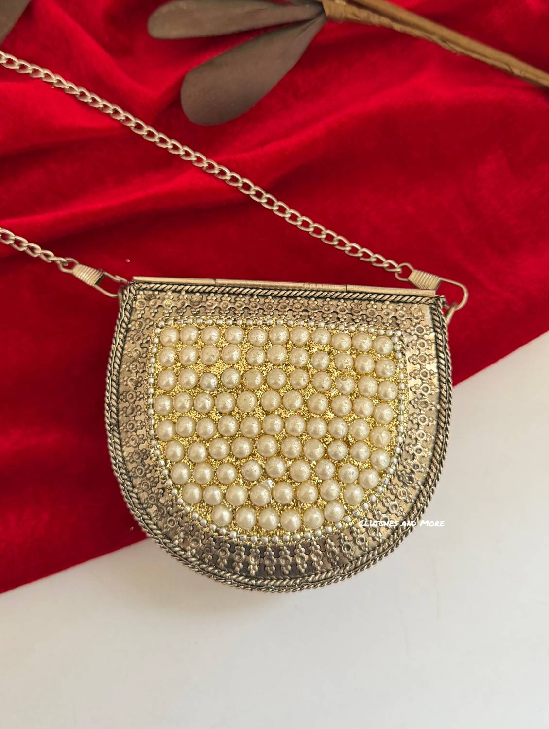 Kasika Kundan Brass Clutch Mini Silver Pearl