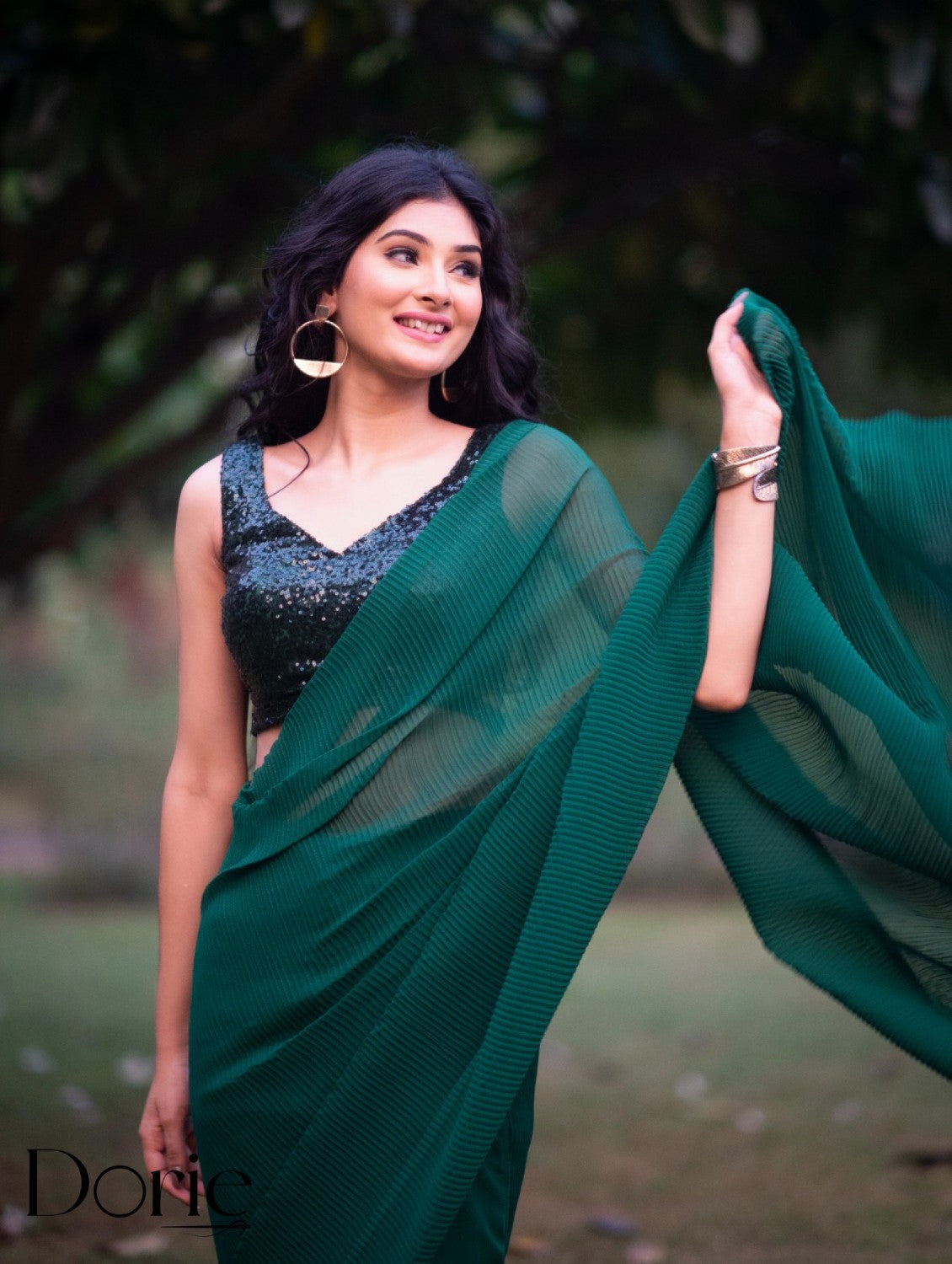 Bottle Green Crushed Ready to Wear Saree by Dorie