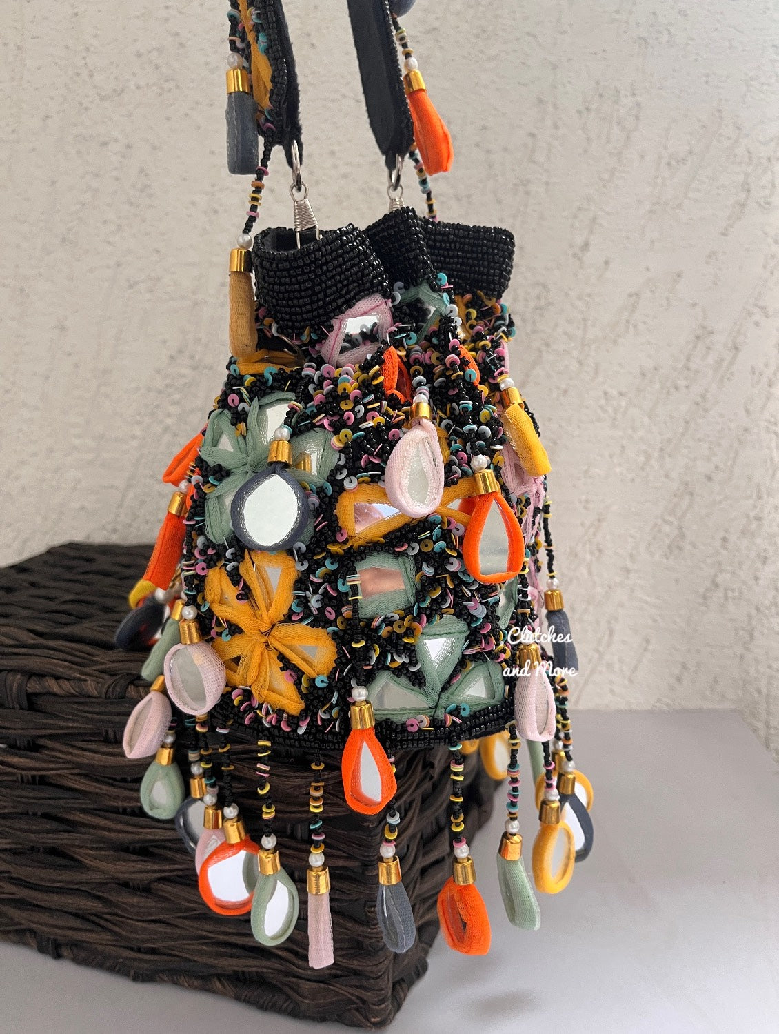 Mirror Tassel Potli Multicoloured (Black base)