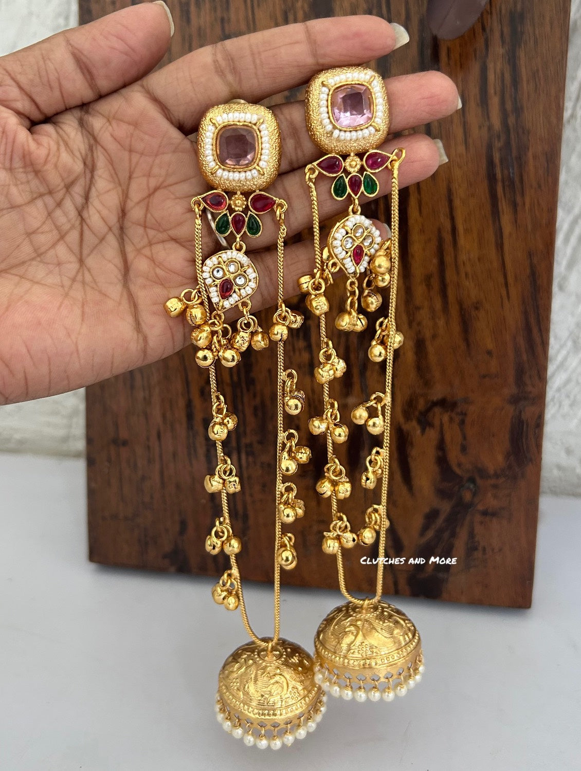 Shahista Long Kashmiri Earrings Pink Green