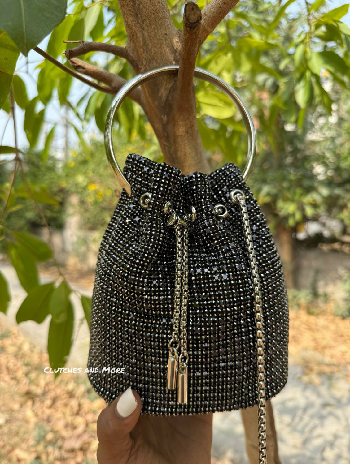 Hazel Rhinestone Bucket Bag Black