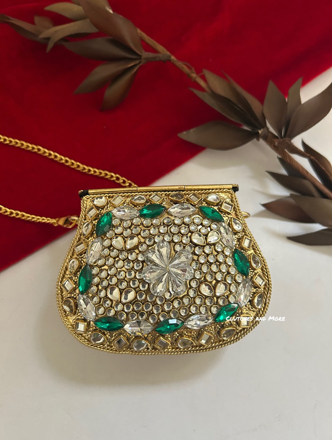 Kasika Kundan Brass Mini Clutch Green