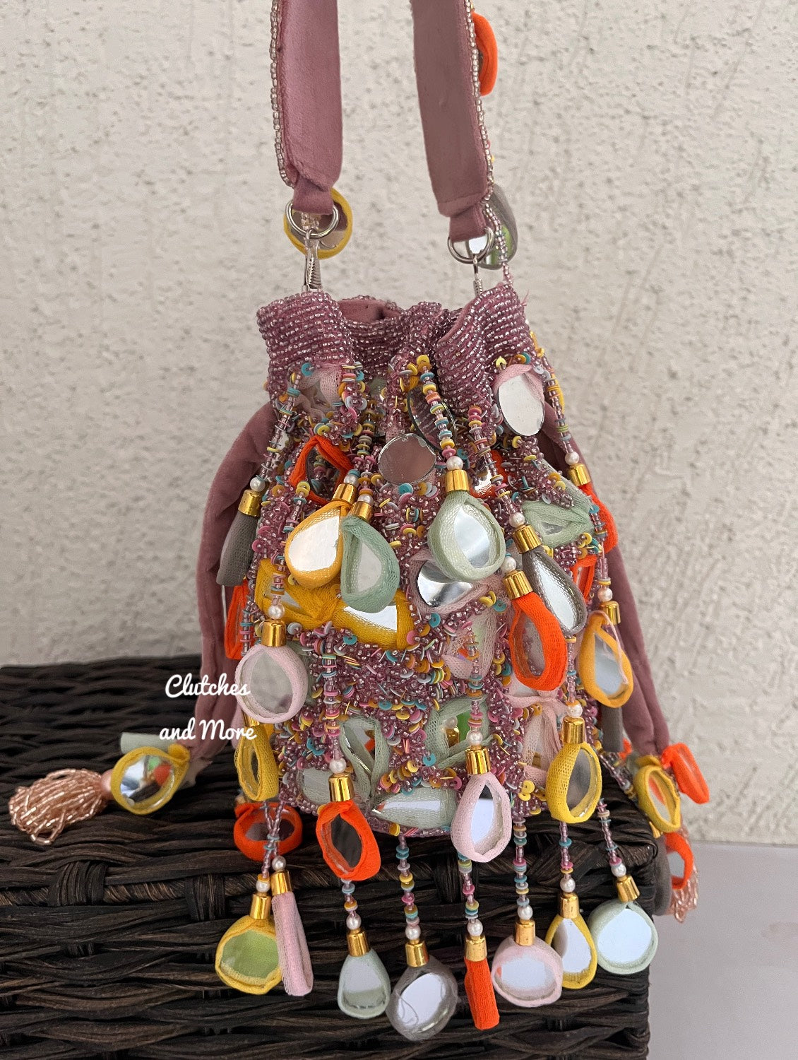 Mirror Tassel Potli Multicoloured ( pink/ Rose Gold Base )