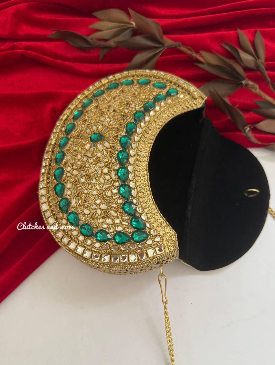 Kasika Kundan Brass Clutch Gold Green