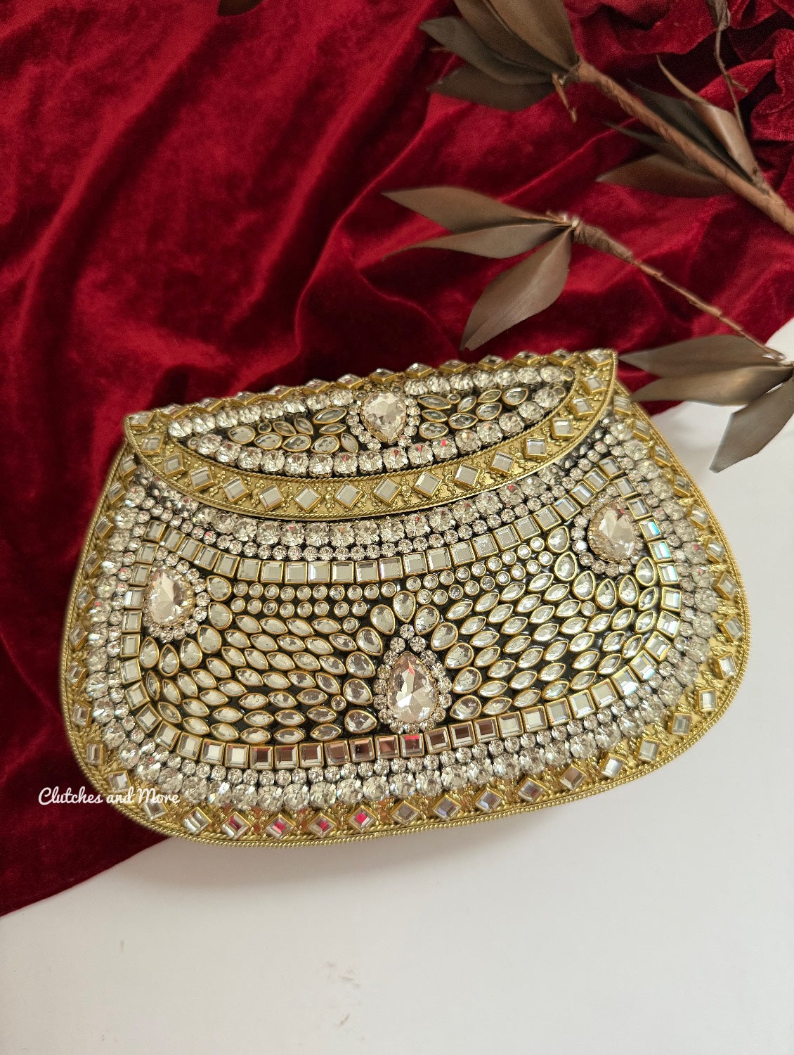 Kashish Kundan Brass Clutch White Gold