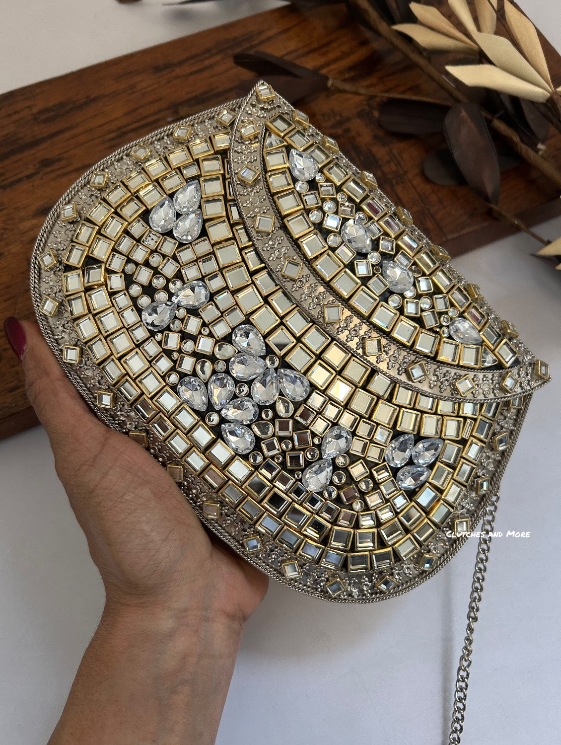 Kasika Kundan Brass Clutch Silver White