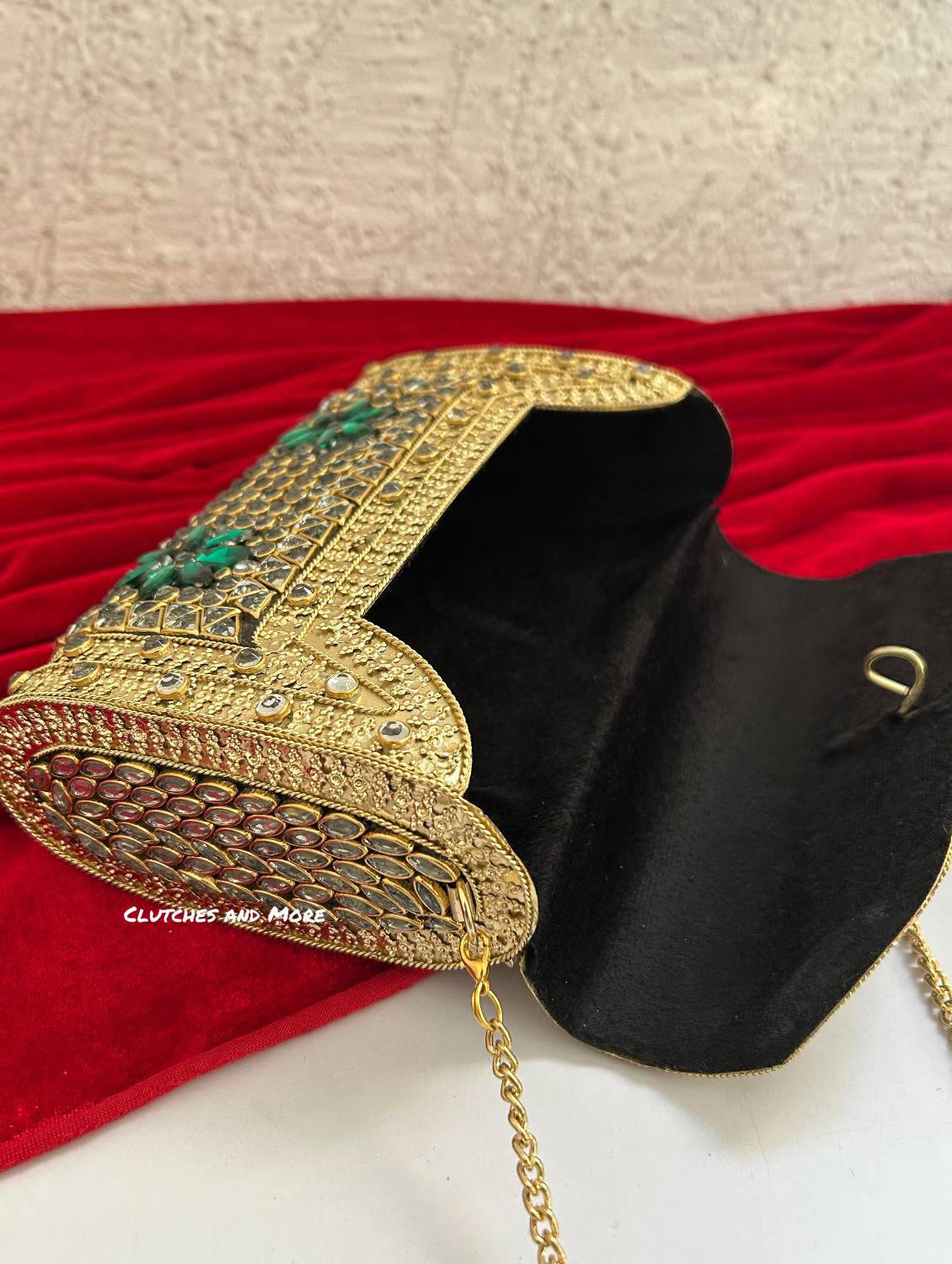 Kasika Kundan Brass Clutch Gold Green