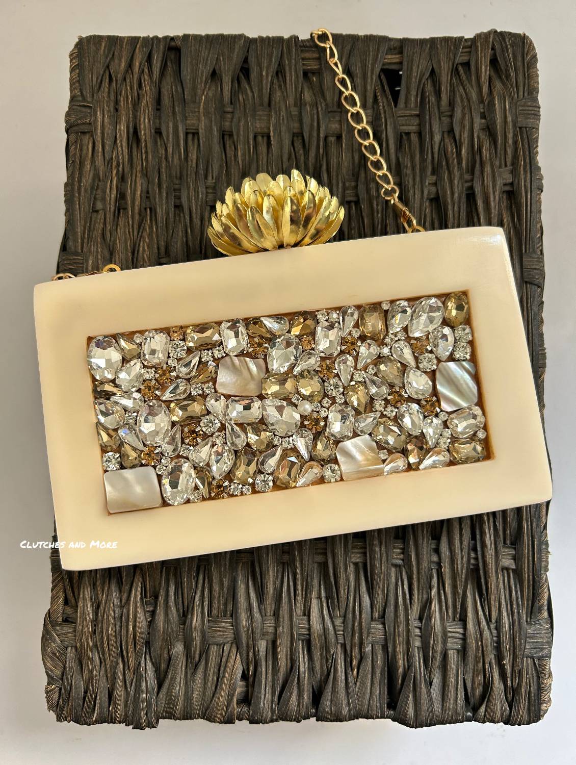 Premium Embellished Resin Clutch Off White
