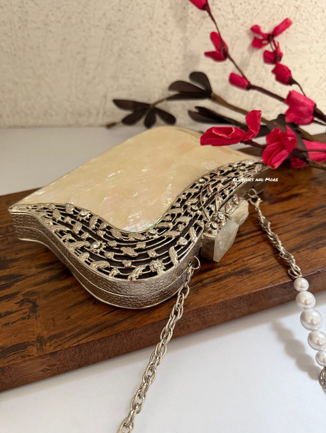 Mehbooba Mother of Pearl Clutch White Silver