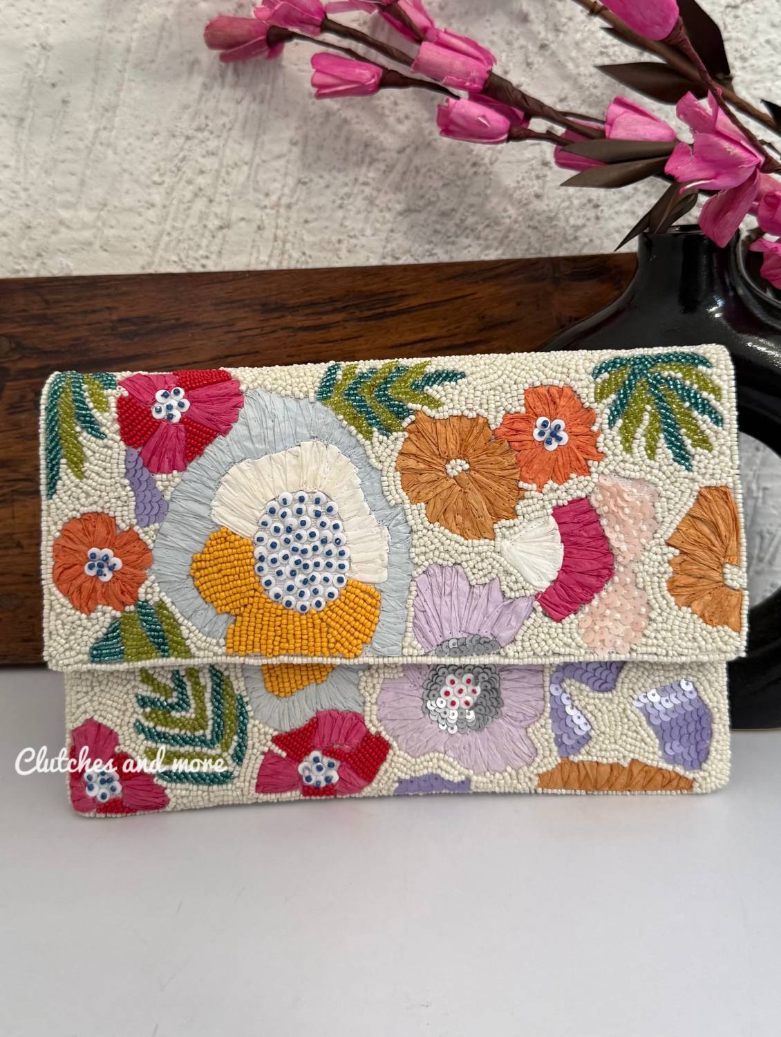 White Multicolored Floral Envelope Bag