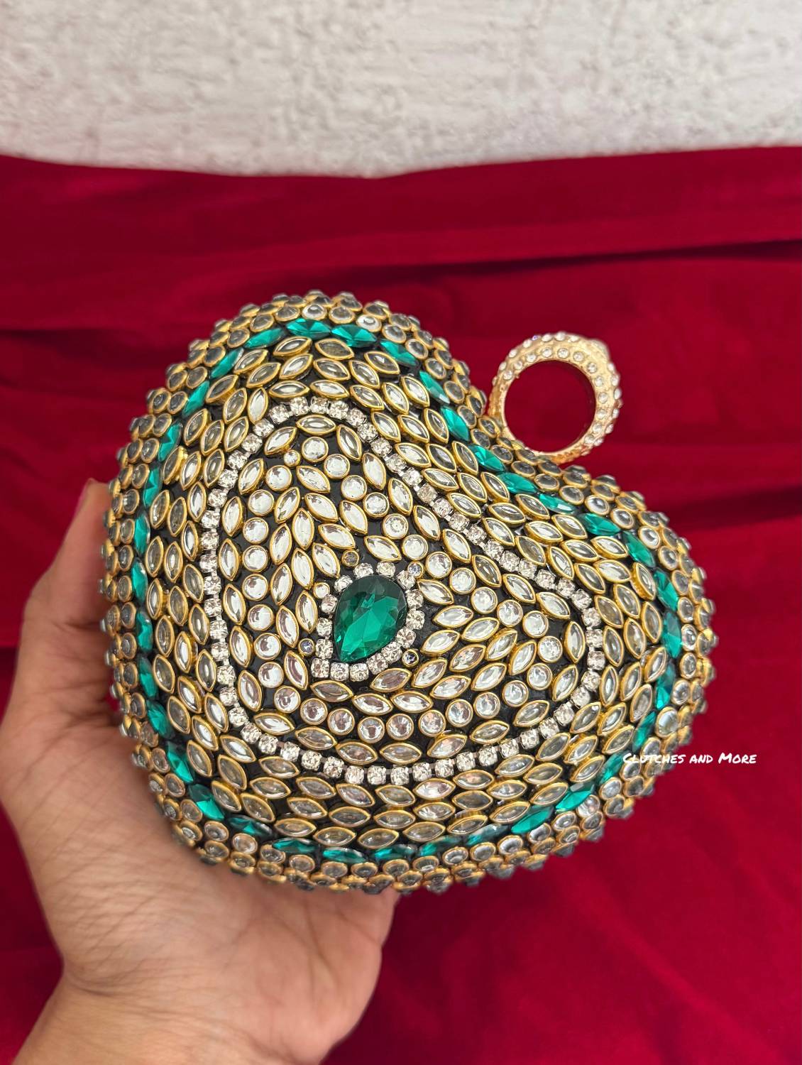 Kiana Kundan Heart Clutch Mini Green Gold