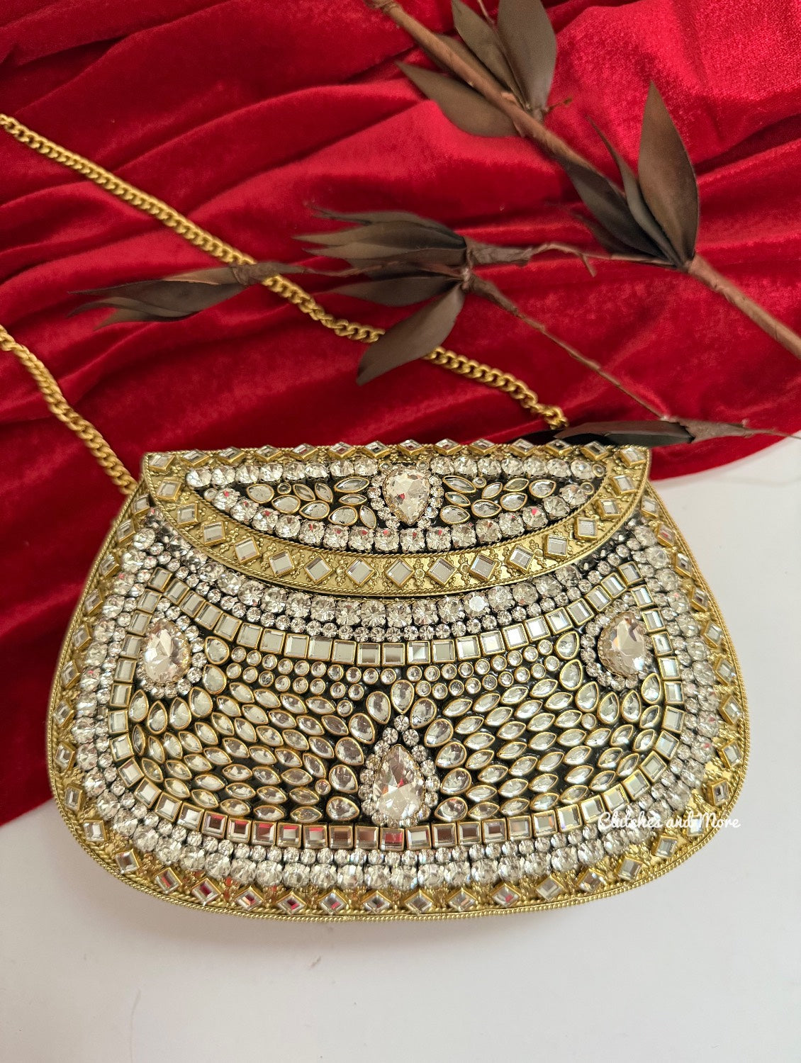 Kashish Kundan Brass Clutch White Gold