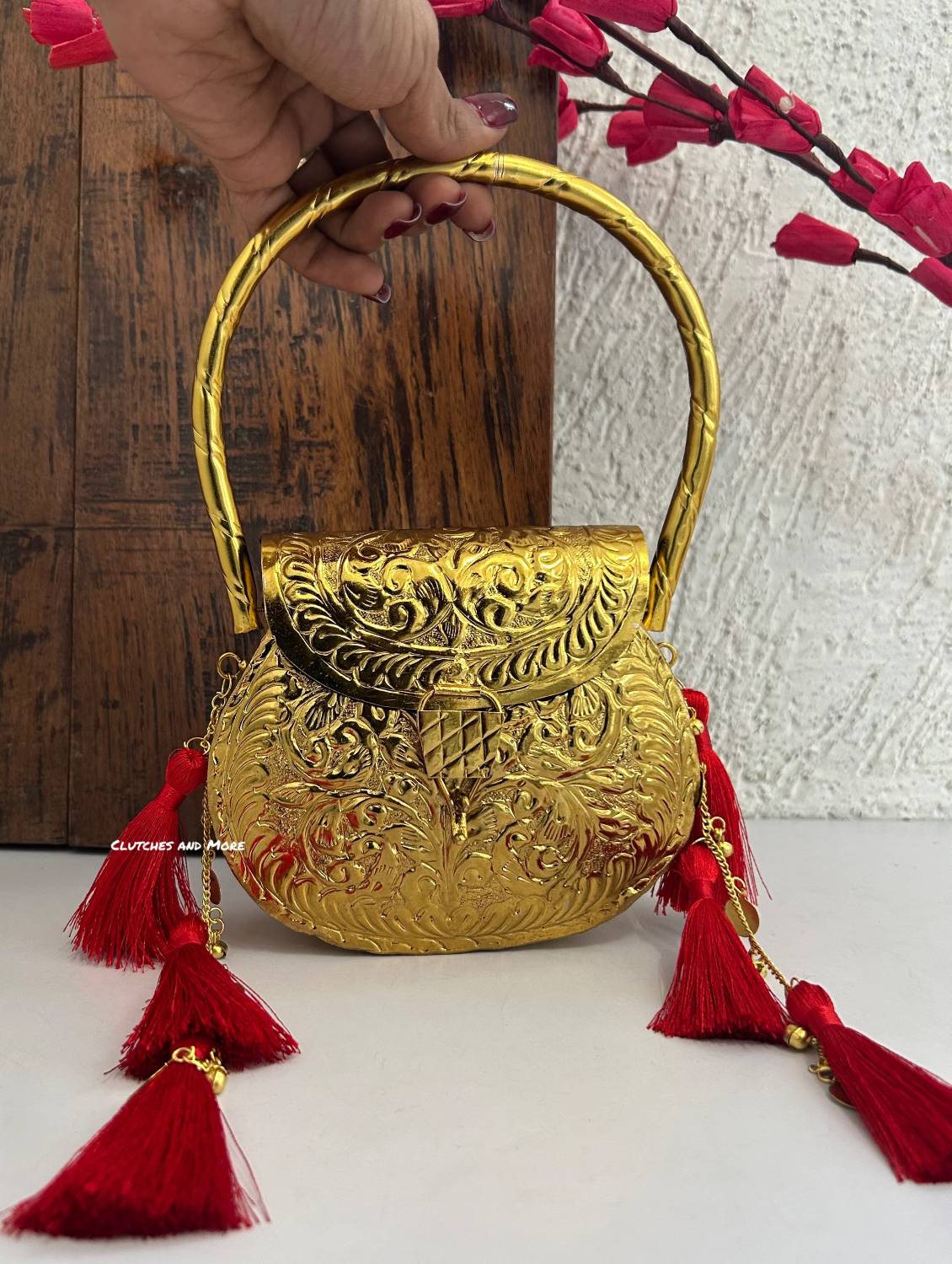 Ridhima Brass Clutch with Tassles (Red)