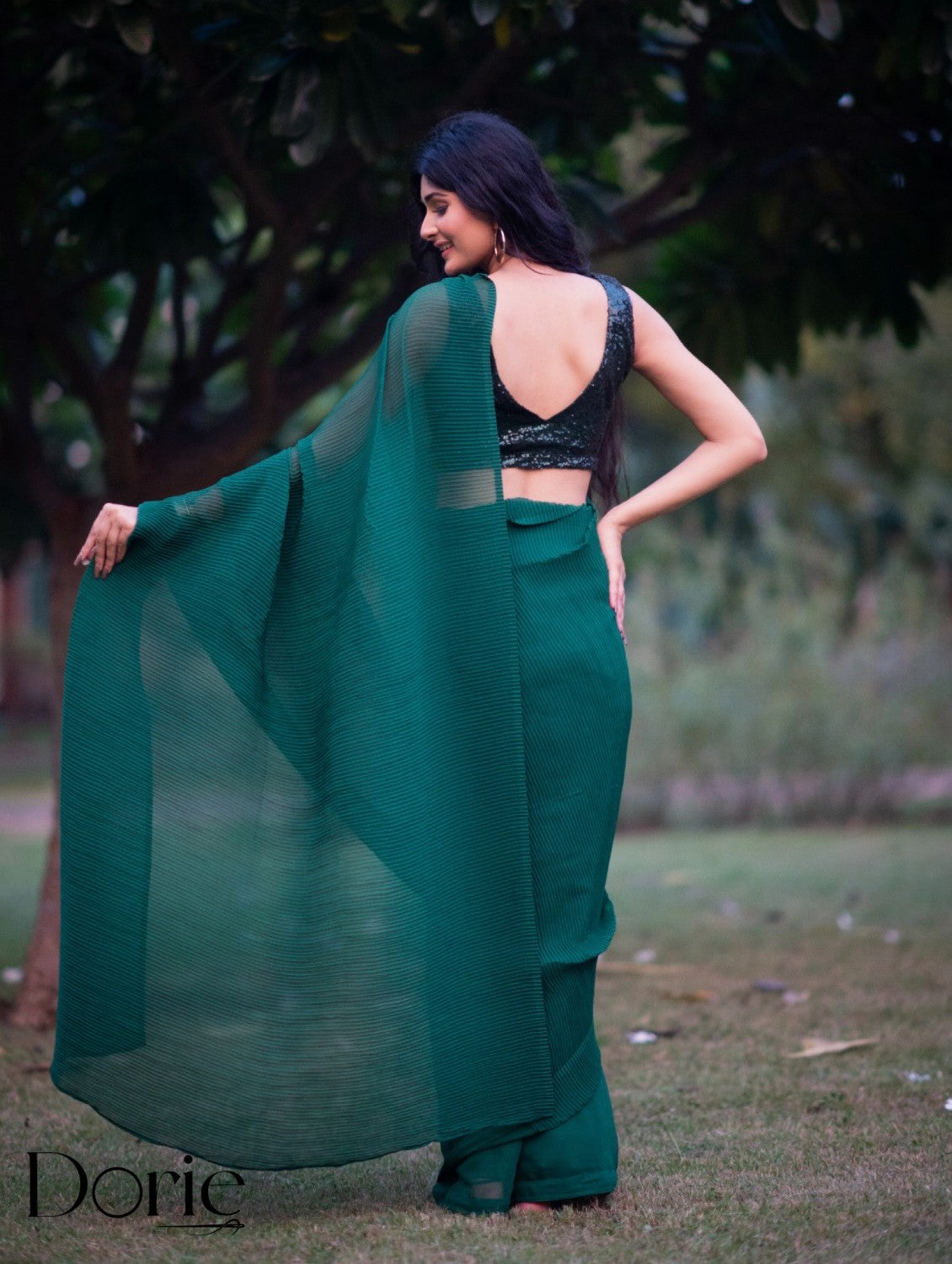 Bottle Green Crushed Ready to Wear Saree by Dorie