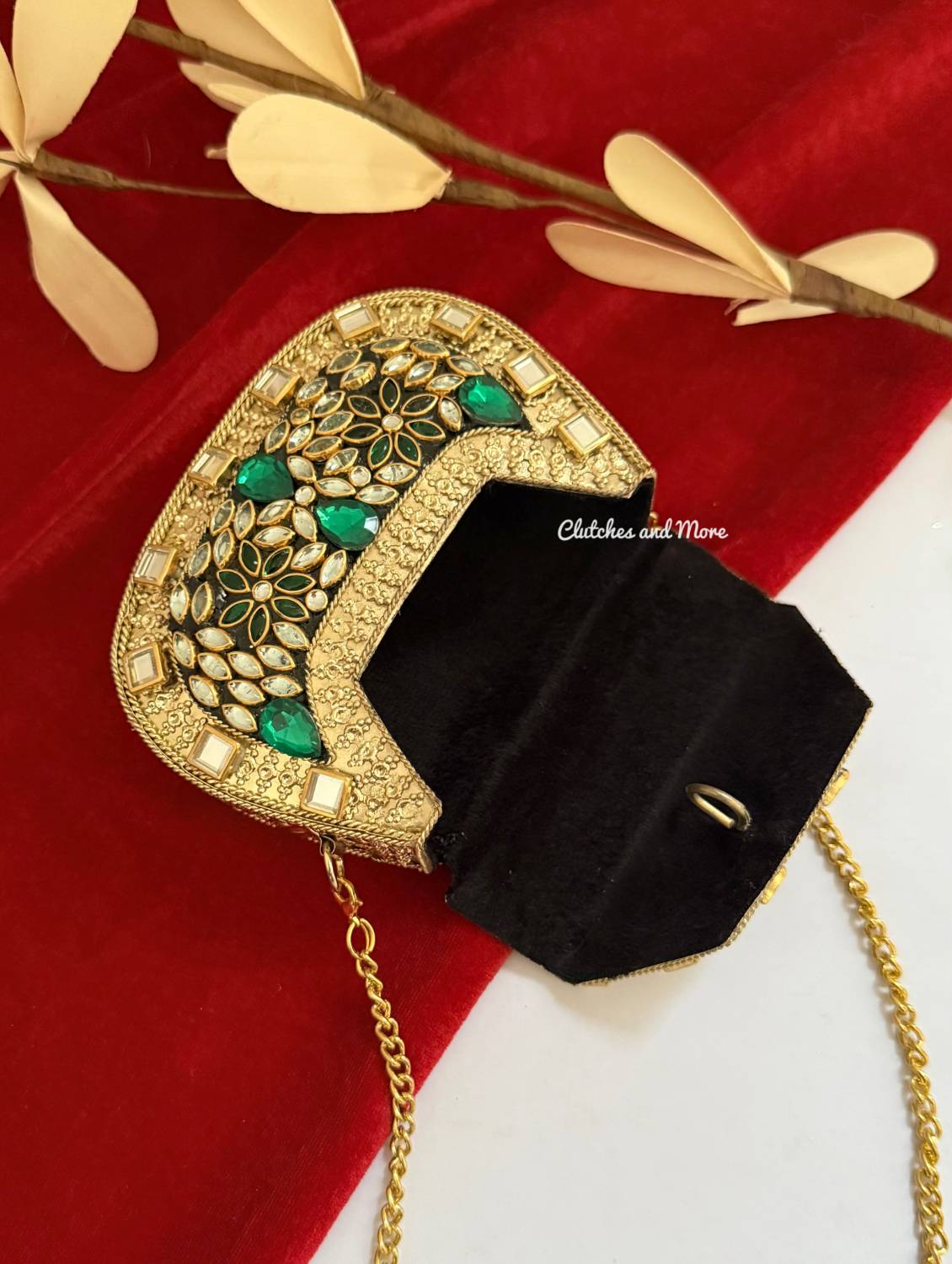 Kasika Kundan Brass Clutch Mini Green