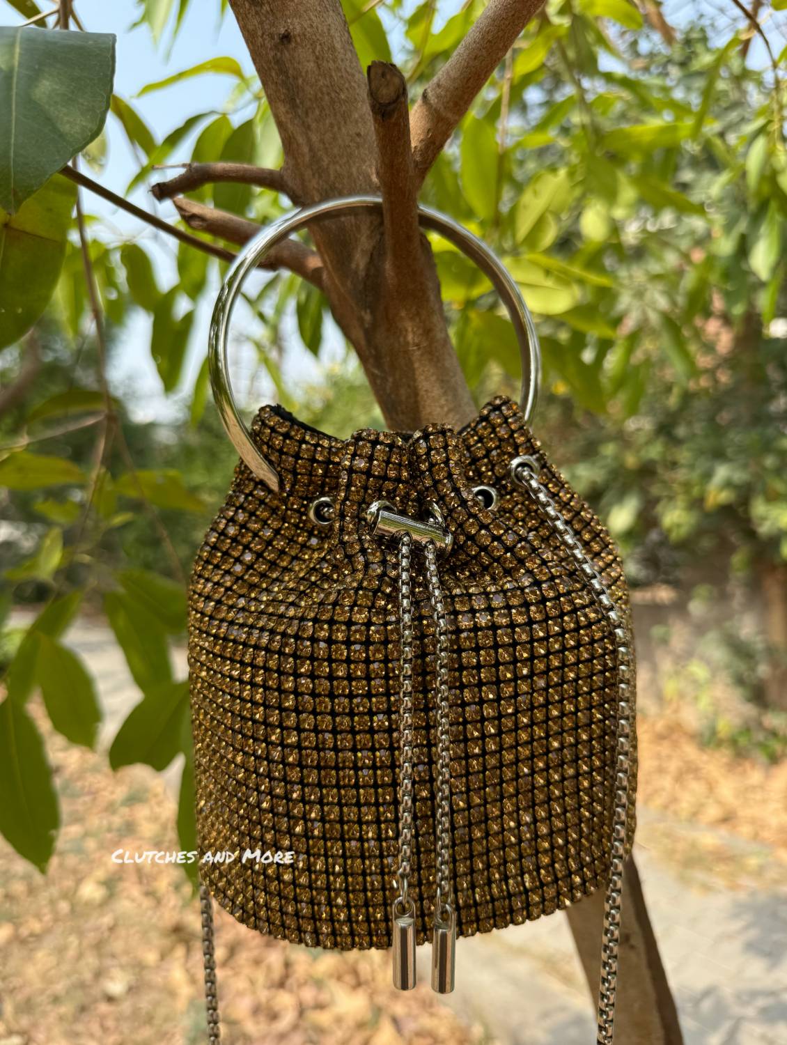 Hazel Rhinestone Bucket Bag Dark Gold
