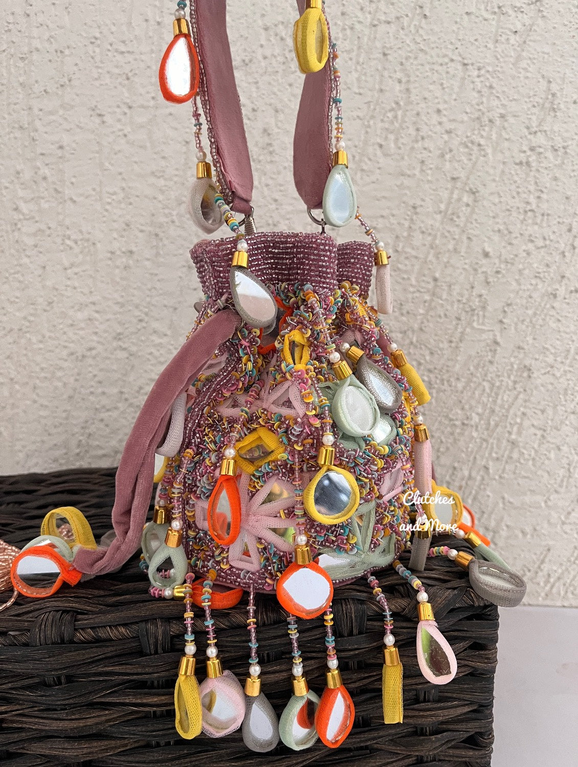 Mirror Tassel Potli Multicoloured ( pink/ Rose Gold Base )
